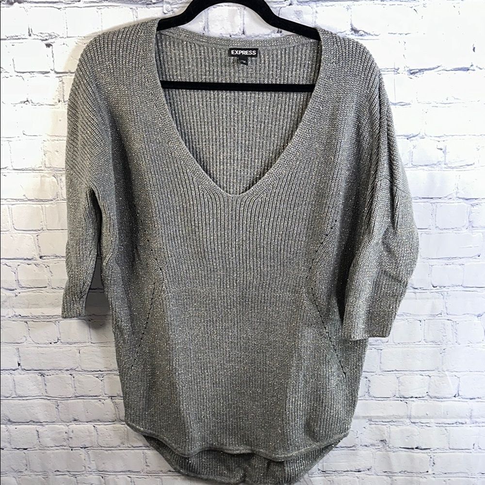 ✨ Express Gray Metallic Shimmer Sweater - V-Neck, Three-Quarter Sleeve, Size Sm